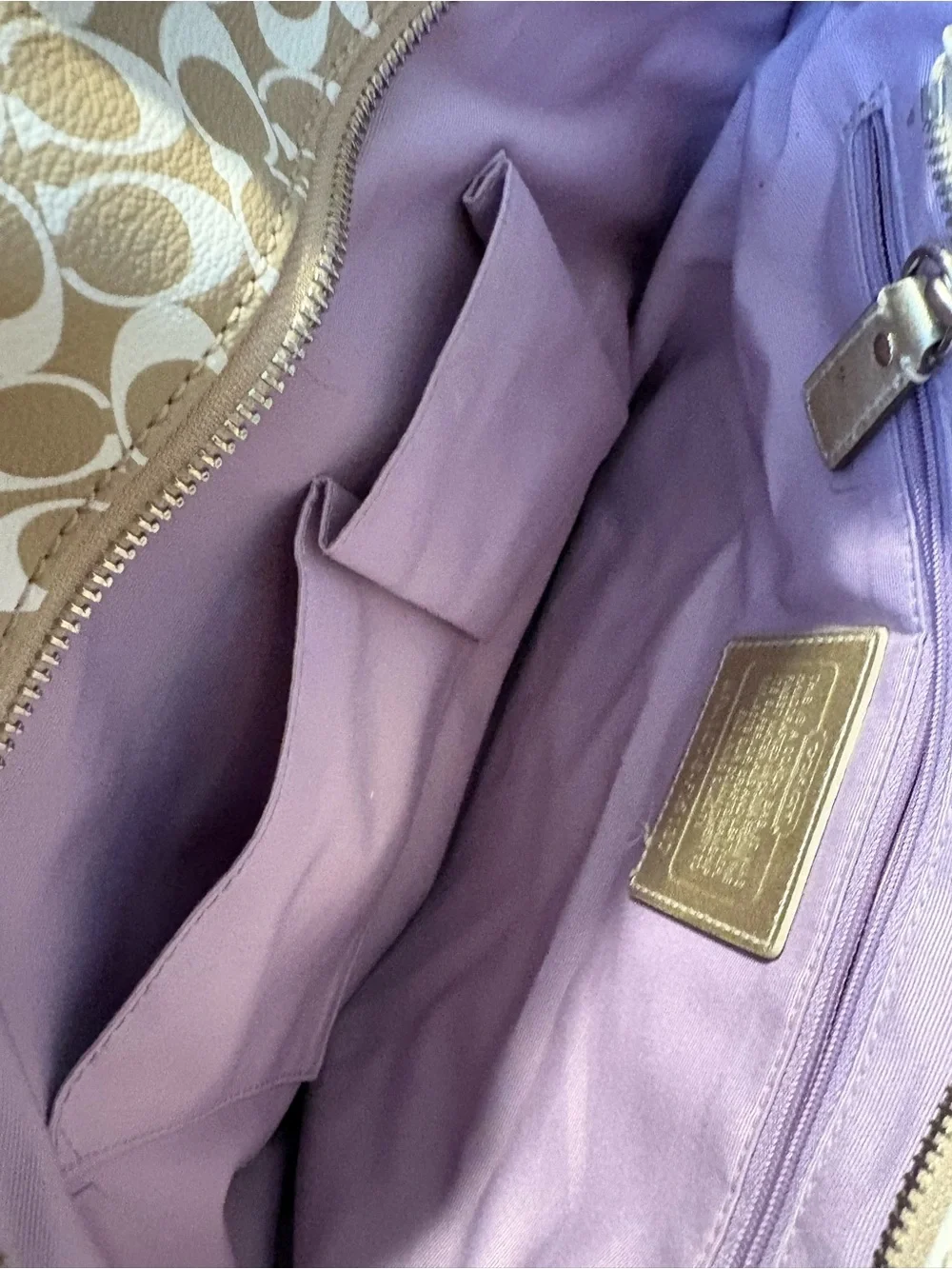 Coach Beige Signature Tote with Metallic Silver Trim